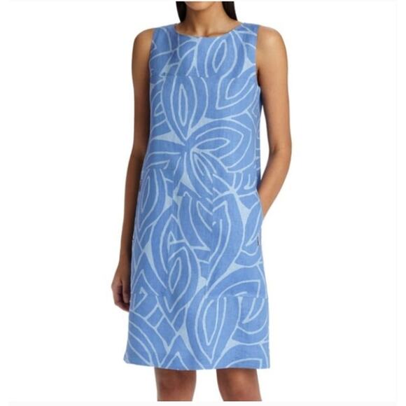 Lafayette 148 Small Blue Floral Pattern Linen Sleeveless Shift Dress Exposed Zip - Picture 10 of 11